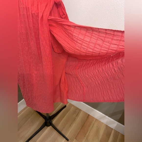 A New Day Faux Wrap Dress Sz Small Coral Ruffle Sleeve PINK Midi Textured Lined - Picture 8 of 12